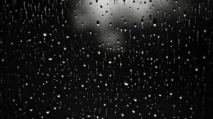 Patterns of raindrops on a black and white car window during a downpour