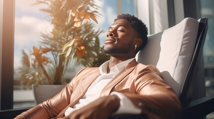 Candid portrait of a wealthy, successful African American man relaxing in a luxury condo, pensive, looking outdoors. Close up of a succesfull black business man.