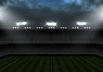 Football stadium with green field illuminated by spotlights. Vector template for your design.