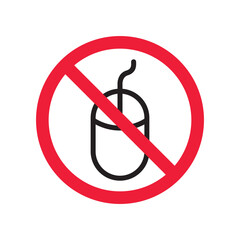 Forbidden computer mouse icon. No mouse device vector icon. No computer cursor pictogram. Prohibited computer mouse vector icon. Warning, danger, caution, attention, restriction. 