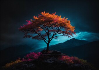 silhouette of a tree, neon color leaves on a top of a mountain dark background