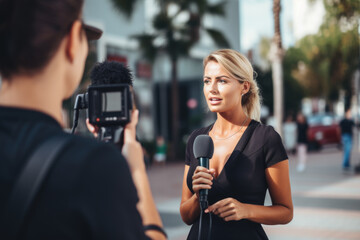 Young beautiful woman journalist interviews politician or celebrity outdoors

