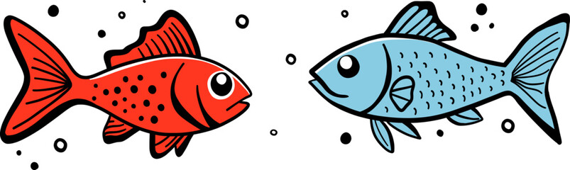 Two handdrawn fishes in doodle cartoon style. Red and blue fishes with air bubbles