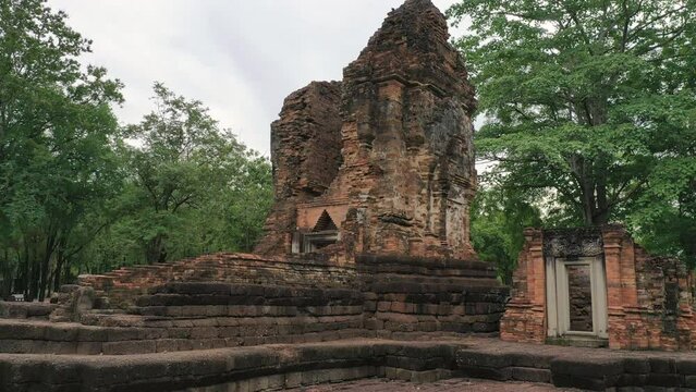 Aerial drone top view preserve history Prasat Prang Si Thep, a World Heritage Site, is located at Si Thep, Si Thep District, Phetchabun.