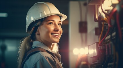 Happy female electrician at work. Generative AI - obrazy, fototapety, plakaty