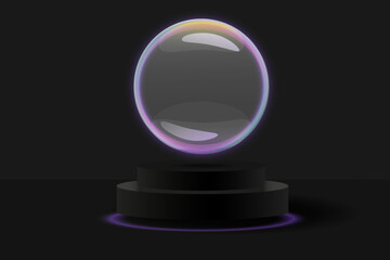 Black podium with neon lighting and soap bubble on a black background for displaying products, mega sales, promotions, black friday, cyber monday, banner.
