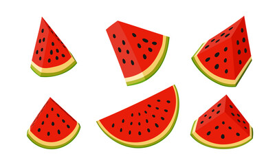 Sliced 3d realistic watermelon with pits set. Flat illustration design.