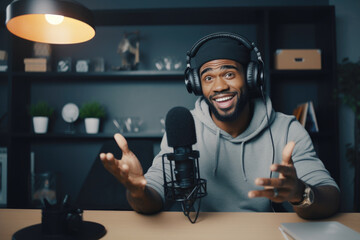 Young African American man host in headphones enjoying podcasting in his home studio. Handsome podcaster laughing while streaming live audio podcast
