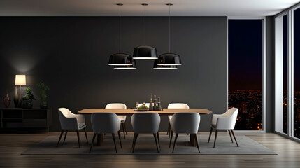 A modern apartment, the dining room boasts an elegant table and chairs, while the empty living room features a striking dark wall, all with a panoramic view, and a contemporary and spacious ambiance. - obrazy, fototapety, plakaty