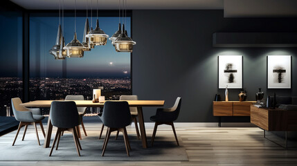 A modern apartment, the dining room boasts an elegant table and chairs, while the empty living room features a striking dark wall, all with a panoramic view, and a contemporary and spacious ambiance.
