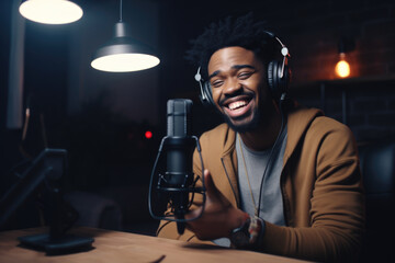 Fototapeta na wymiar Young African American man host in headphones enjoying podcasting in his home studio. Handsome podcaster laughing while streaming live audio podcast
