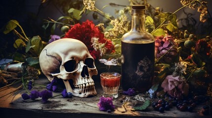 A skull sitting on a table next to a bottle of alcohol
