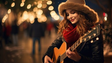 Fototapeta premium A woman wearing a hat and holding a guitar