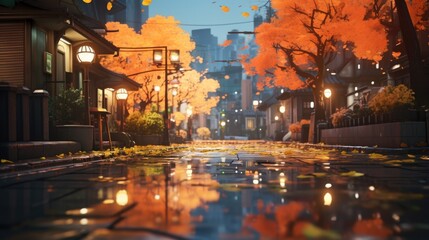 A city street with a puddle of water in the middle of it