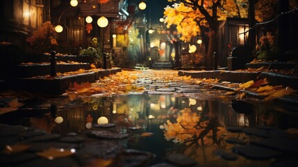 Fototapeta premium A city street at night with a puddle of water