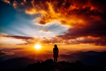 Silhouette of a woman on a mountain at sunset and cloudy sky