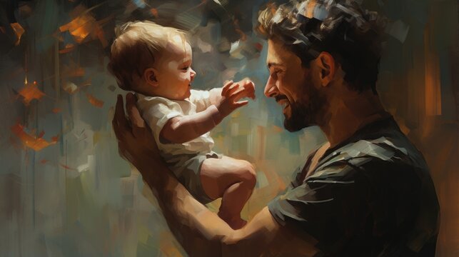 A painting of a man holding a baby