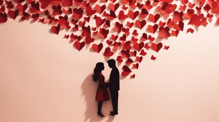A man and a woman standing in front of a heart shaped wall