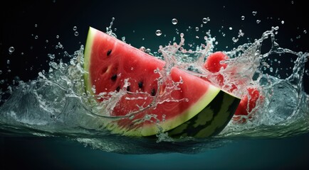 A slice of watermelon being splashed with water
