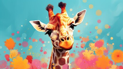Fototapety   a painting of a giraffe standing in a field of flowers.  generative ai