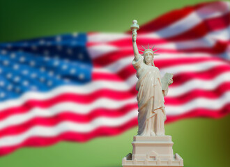 marble statue of liberty on USA flag green background