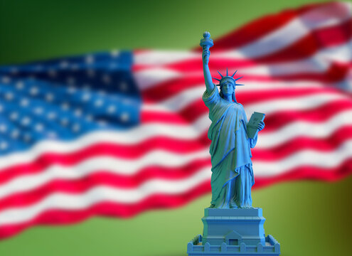 blue statue of liberty on USA flag green background