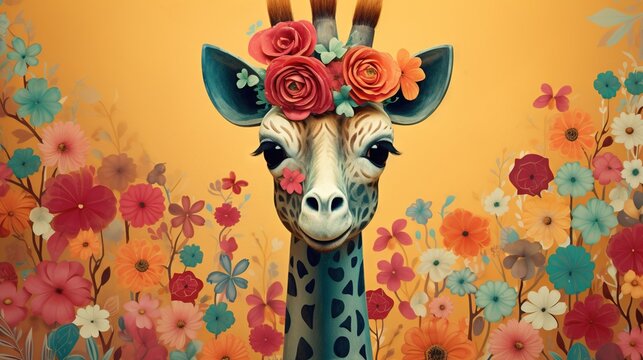  a painting of a giraffe with flowers on its head.  generative ai