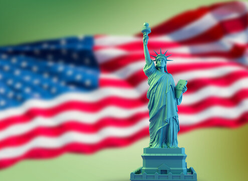 green statue of liberty on USA flag green background