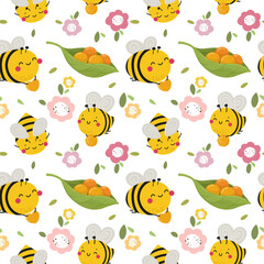 Seamless pattern with cute bees and flowers. Print for fabric, vector.