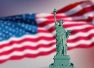 green statue of liberty on USA flag