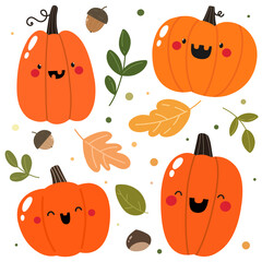 Set of funny pumpkins, halloween, stickers, autumn elements.