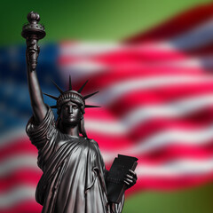 black statue of liberty on USA flag green background