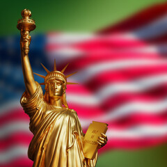 golden statue of liberty on USA flag green background
