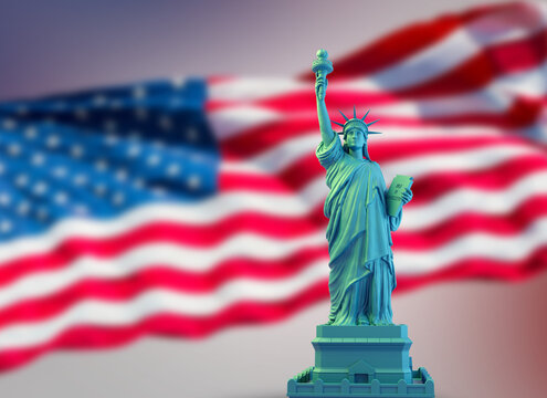 cyan statue of liberty on USA flag
