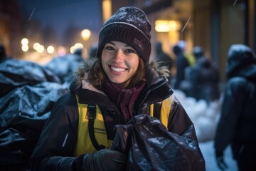 Smiling portrait of a happy young female volunteer picking up trash and plastics in the city to recycle and help the environemtn