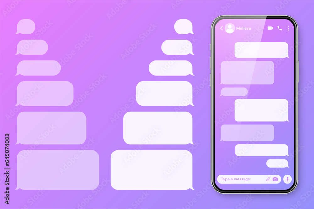 Aufkleber realistic smartphone with messaging app on colorful violet background. blank sms text frame. chat sc