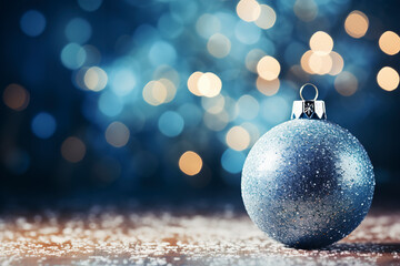 Christmas ball on the snow against the backdrop of beautiful blue bokeh and falling snowflakes. Christmas and New Year background. Greeting  card with space for text. Festive Christmas decoration - 645074021