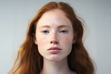 Beauty portrait of a young redhead caucasian woman in a studio with a gray background - obrazy, fototapety, plakaty