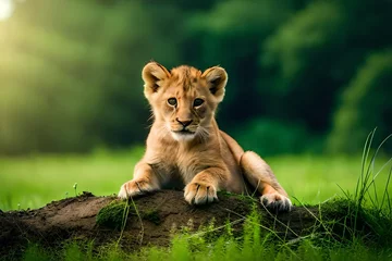 Fototapeten Young lion cub in the wild and green glass © Nature creative