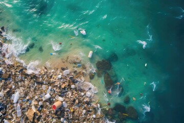 Naklejka na ściany i meble Sea polluted with plastic bottles and trash