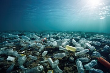 Sea polluted with plastic bottles and trash