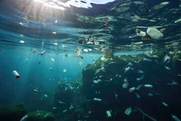 Naklejka na ściany i meble Sea polluted with plastic bottles and trash