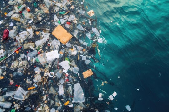 Sea polluted with plastic bottles and trash