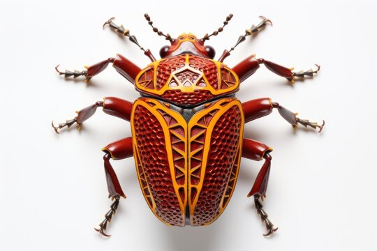 Red and orange beetle with intricate patterns on its body and red legs isolated on white background.