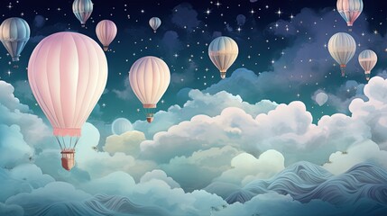 Obraz premium a group of hot air balloons flying in the sky above clouds. generative ai