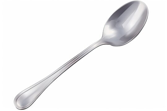 A shiny silver tablespoon with a round bowl and a long handle, isolated on a white background.
