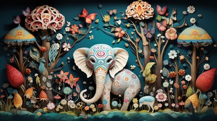 Obraz premium a painting of an elephant surrounded by trees and mushrooms and flowers. generative ai