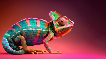 Chameleon full body, frame within shot, colorful, aligned right, pink background.