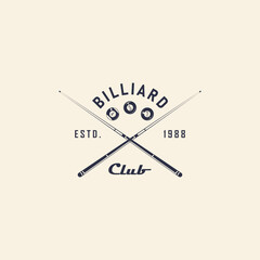 Billiard, 8-ball logo. billiard emblems with cue, balls, crown and banner icons. Hipster Design. Pool room, 8-ball. Emblem, poster templates. Vector illustration