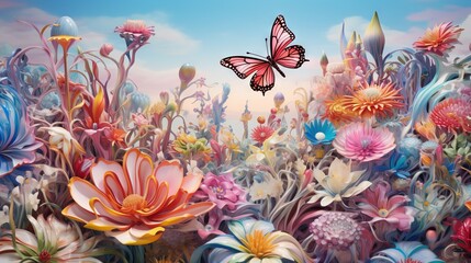 Fototapeta na wymiar a painting of a butterfly flying over a field of flowers. generative ai